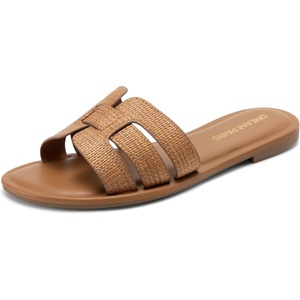 image:imageDREAM PAIRS Womens Dressy Slide Sandals Slipon Comfortable Slides Fashion Casual Open Toe Summer Beach SandalsBrownraffia