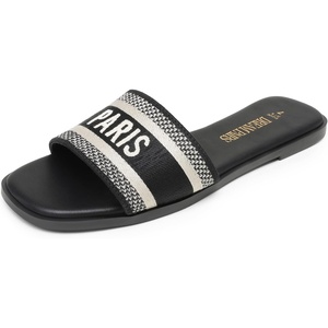 image:imageDREAM PAIRS Womens Flat Sandals Slip On Slides Sandals Square Open Toe Jacquard Braided Fashion Slides Casual Beach Slippers for SummerAll Black