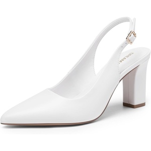 image:imageDREAM PAIRS Womens Slingback Heels Chunky Block Heels Pointed Toe Closed Toe Pumps Comfortable Work Office Business ShoesWhite