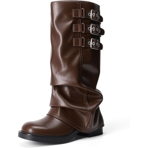 image:imageDREAM PAIRS Foldover Knee High Boots Comfort Low Chunky Heel Slouchy Boot Stylish Buckle Long Tall Fashion Boots for WomenBrown