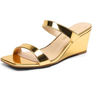 image:imageDREAM PAIRS Women Slides Wedge Sandals Square Open Toe Dress Casual Strappy ShoesGoldpat