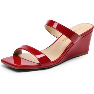 image:imageDREAM PAIRS Women Slides Wedge Sandals Square Open Toe Dress Casual Strappy ShoesRedpat