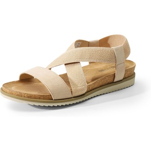 image:imageDREAM PAIRS Womens Comfortable Low Wedge Sandals Open Toe Slip On Strappy Flat Sandals with Elastic Ankle StrapNudesuede