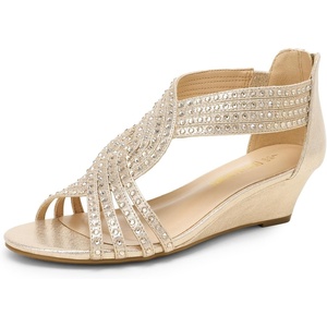 image:imageDREAM PAIRS Womens Open Toe Low Wedges Sandals Rhinestone Strappy Zipper Dress Shoes Summer Wedding Party Travel ShoesGold