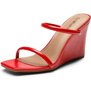 image:imageDREAM PAIRS Womens Slides Wedge Sandals Two Strap Square Open Toe Dress ShoesRed