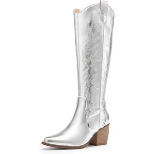 image:imageDREAM PAIRS Womens Cowboy Knee High Chunky Heel BootsMetallic Silver